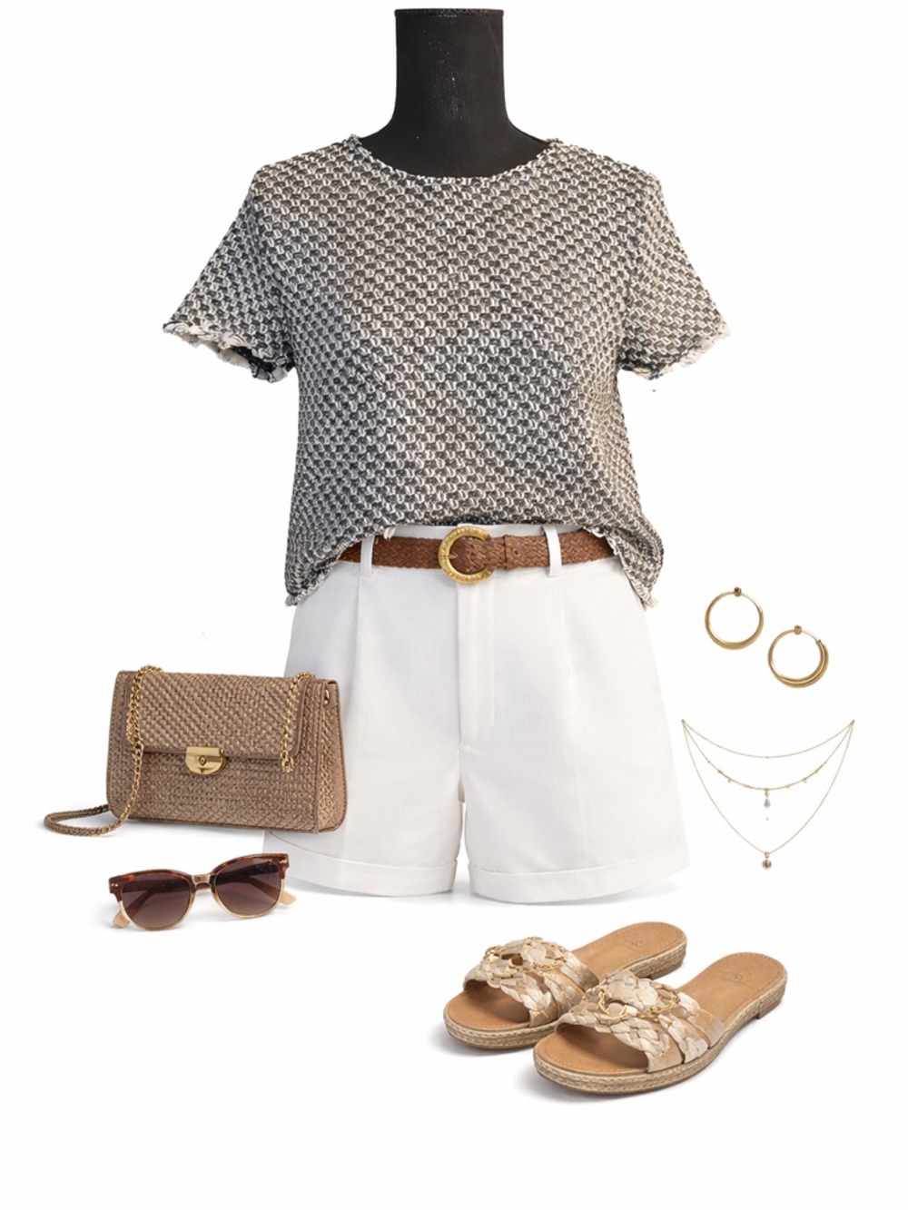 Black & White Faux Tweed Short Sleeve Top | Quiet Luxury Look